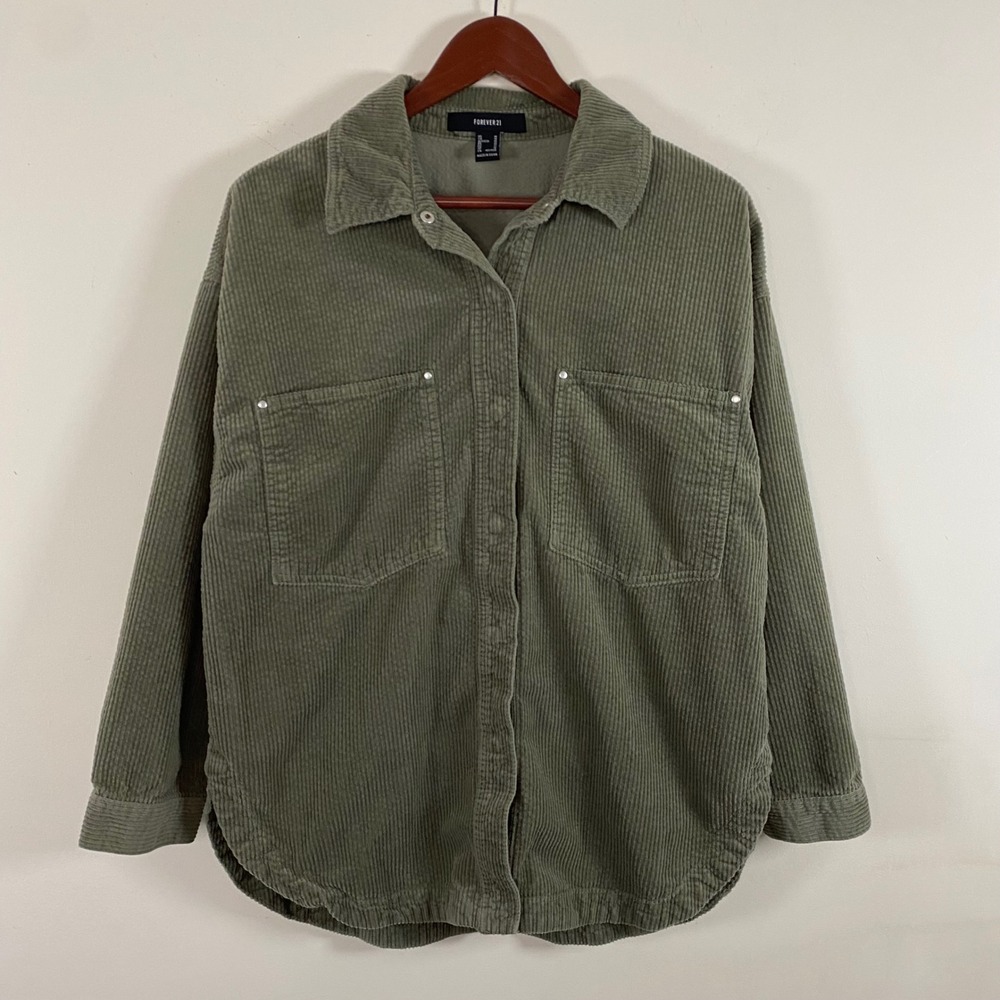 Forever 21 Corduroy Button Up Shirt Olive Green Snap Buttons Size Medium Western - Picture 2 of 7